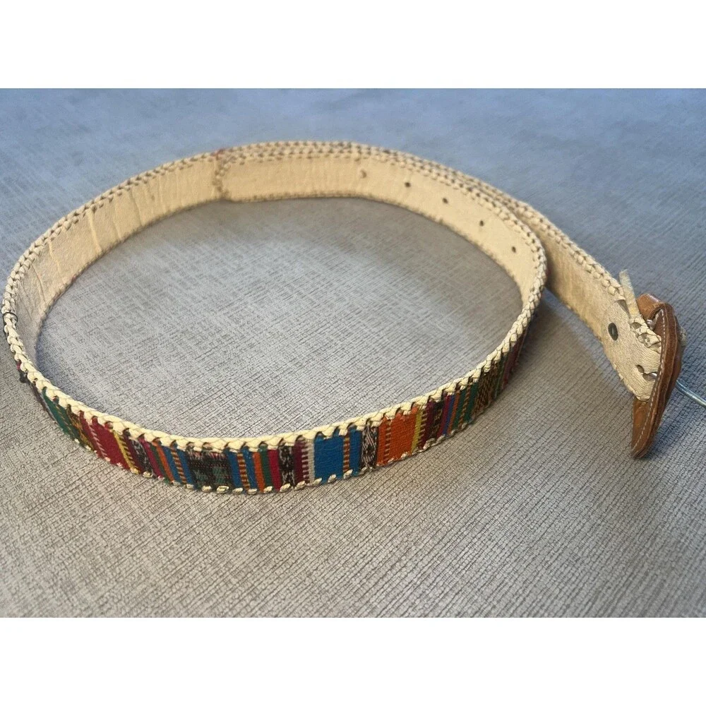 Woven Stripe Belt Womens 32 Multicolor Fabric Trim Faux Leather Boho Western